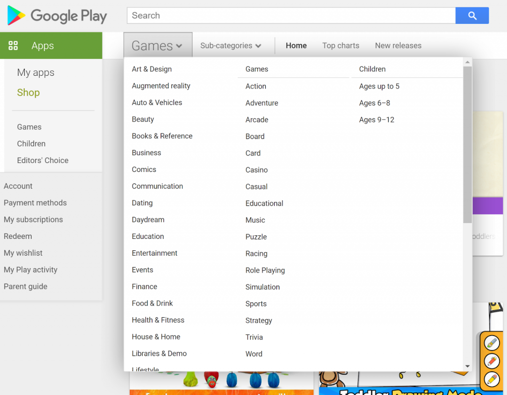 list of Google Play Store categories for ASO Competitor Analysis